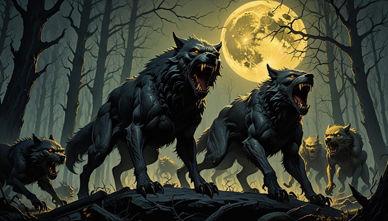 Dark Fantasy Werewolves Under Full Moon