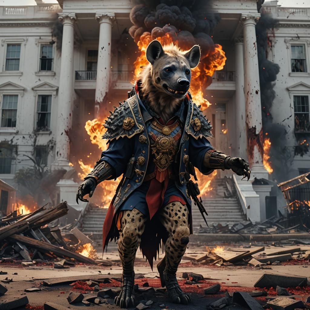 Humanoid Hyena in Presidential Outfit Amidst Chaos