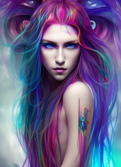 Cyberpunk Goddess with Rainbow Hair in Digital Art