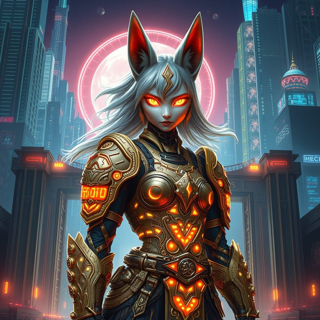 Cyborg Kitsune Warrior in Cyberpunk Cityscape