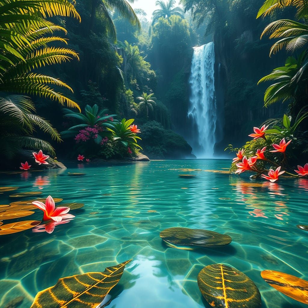 Crystal Clear Lake in Vibrant Rainforest with Waterfall
