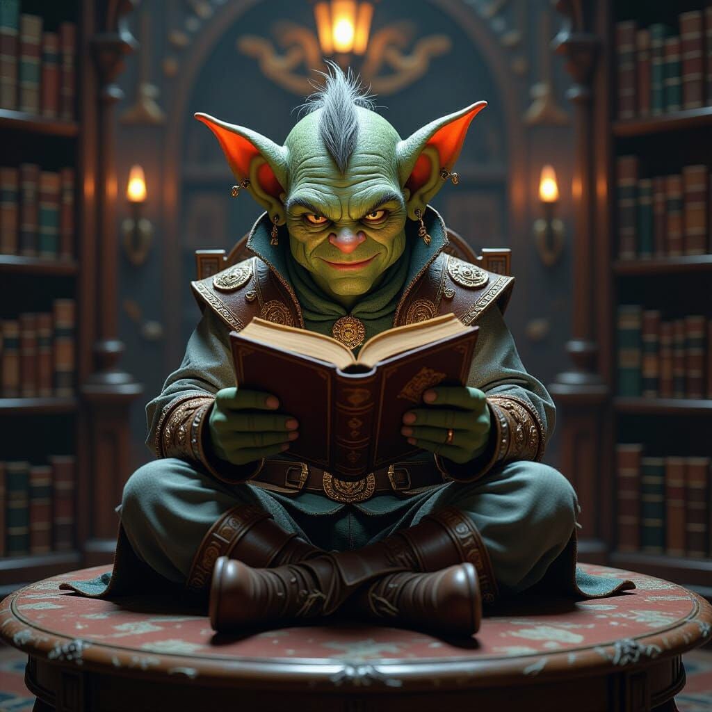 Goblin Reading a Book in Ornate Library