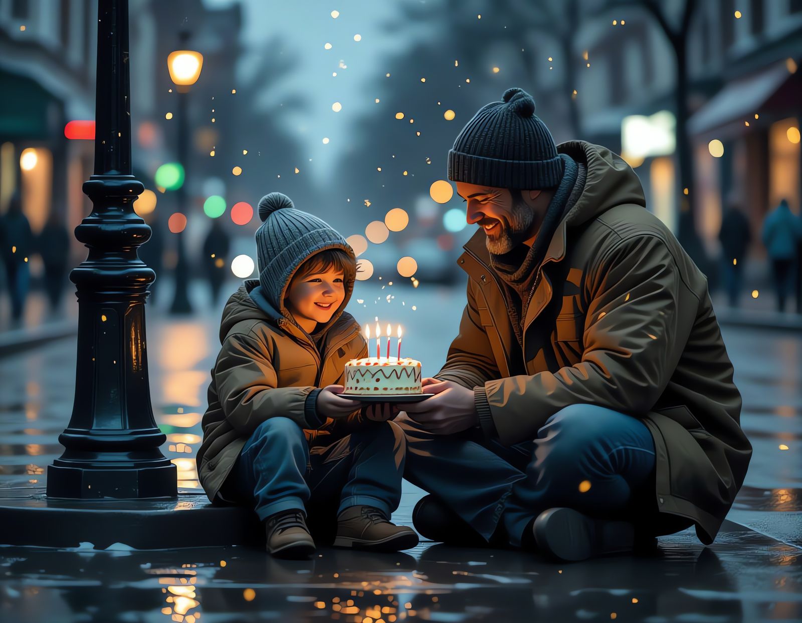Heartwarming Scene of Father and Child in the Rain