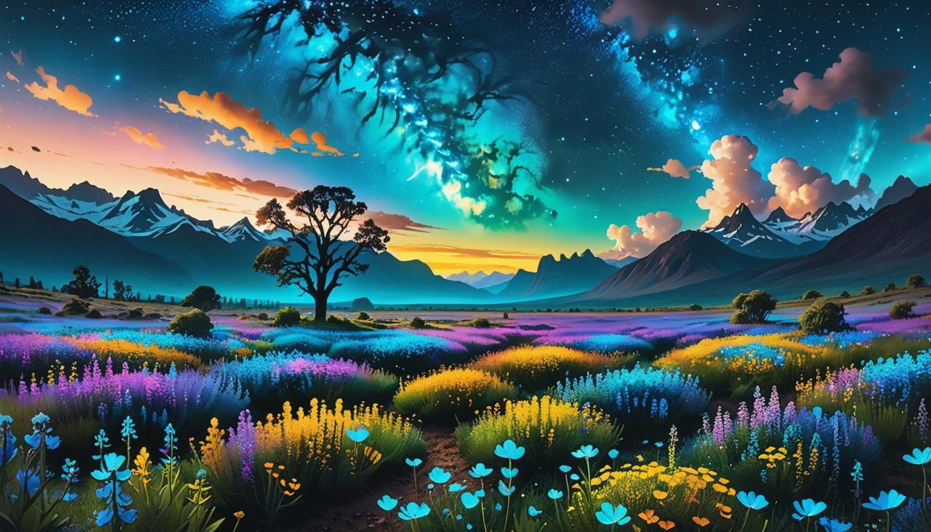 Bioluminescent Wildflower Field Under Cosmic Sky