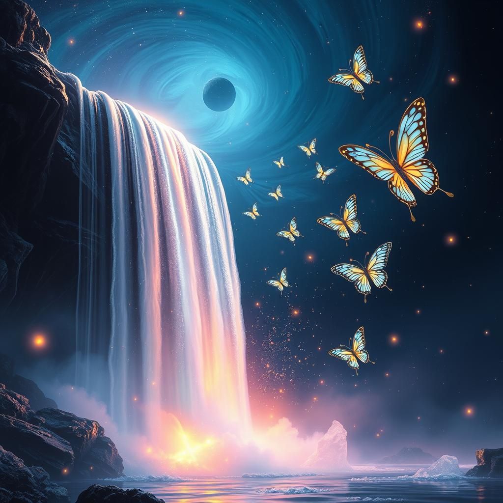 Galactic Waterfall Scene with Ethereal Butterflies