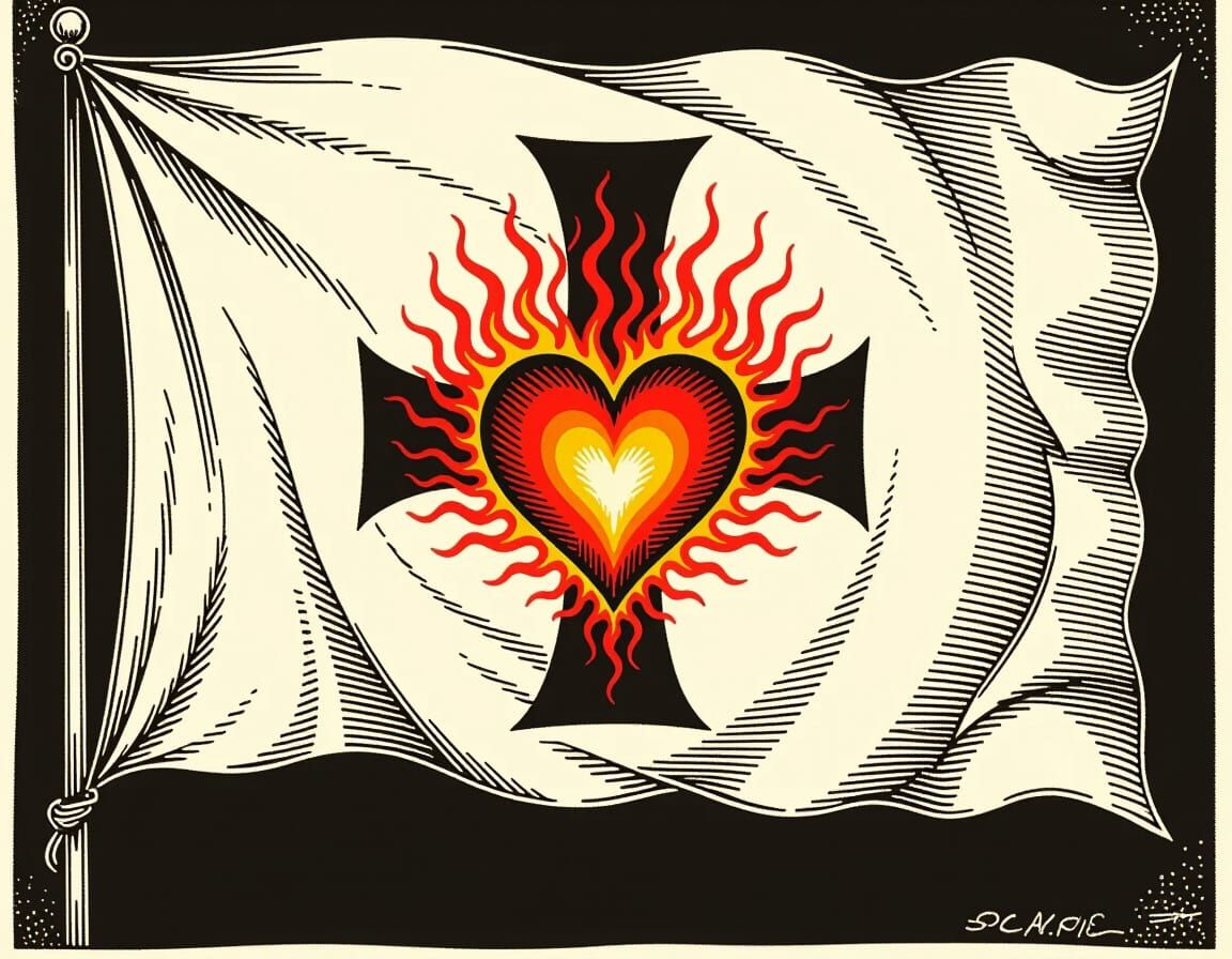 White Flag With Black Cross and Flaming Heart Emblem
