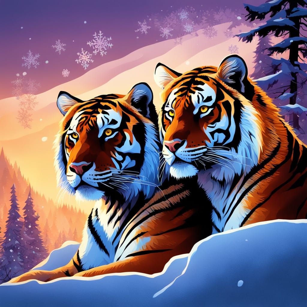 Majestic Tigers Share Intimate Moment in Snowy Wilderness