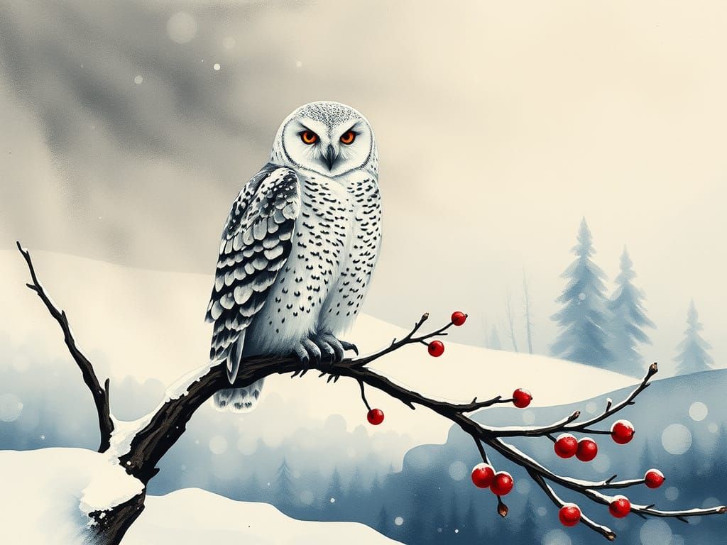Jagged Cubism Snowy Owl in Misty Landscape with Red Berries
