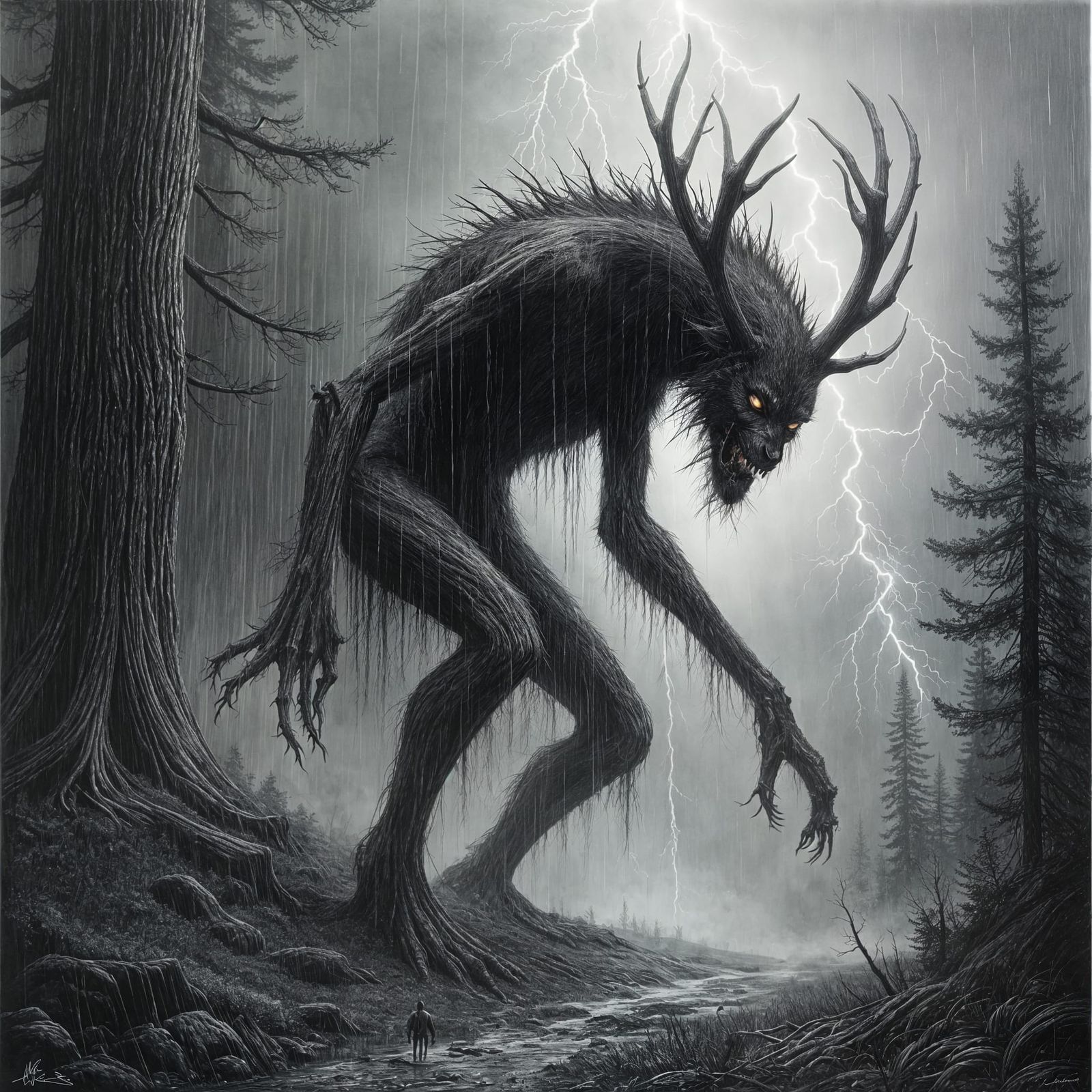 Wendigo Stalks Mountain in Storm: Charcoal Drawing