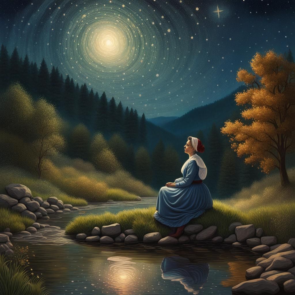 Victorian Woman Observes Starry Night Sky in Folk Art Style