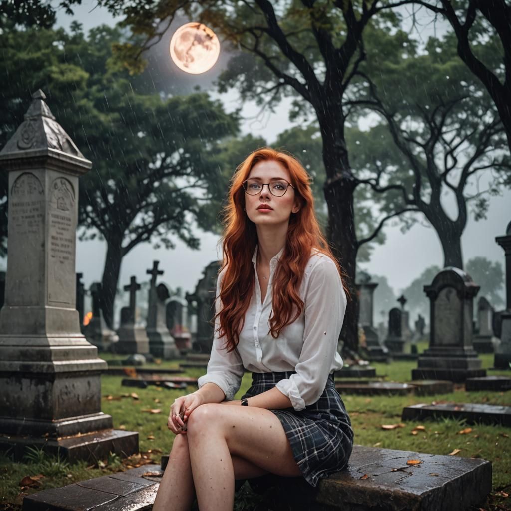 Rainy Cemetery Scene with Red-Haired Woman