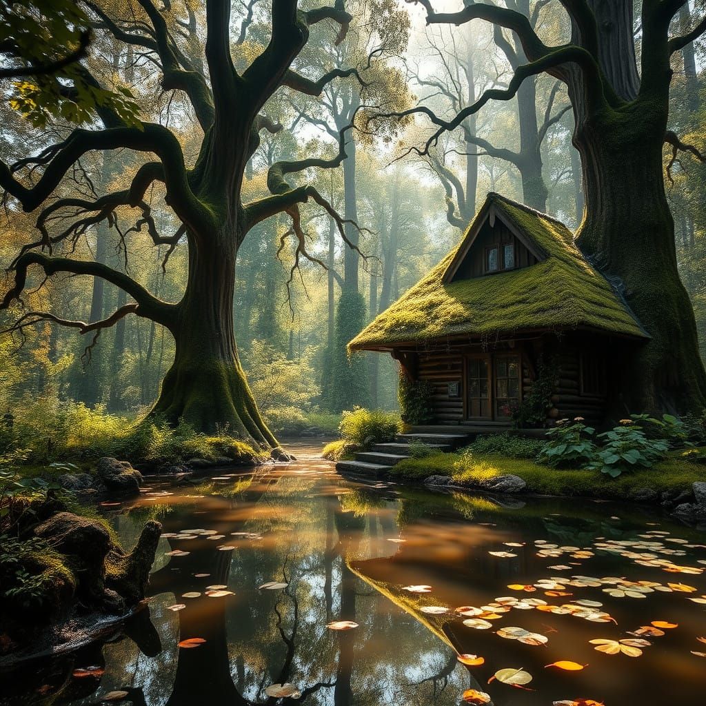 Whimsical Forest Cottage with Tranquil Pond