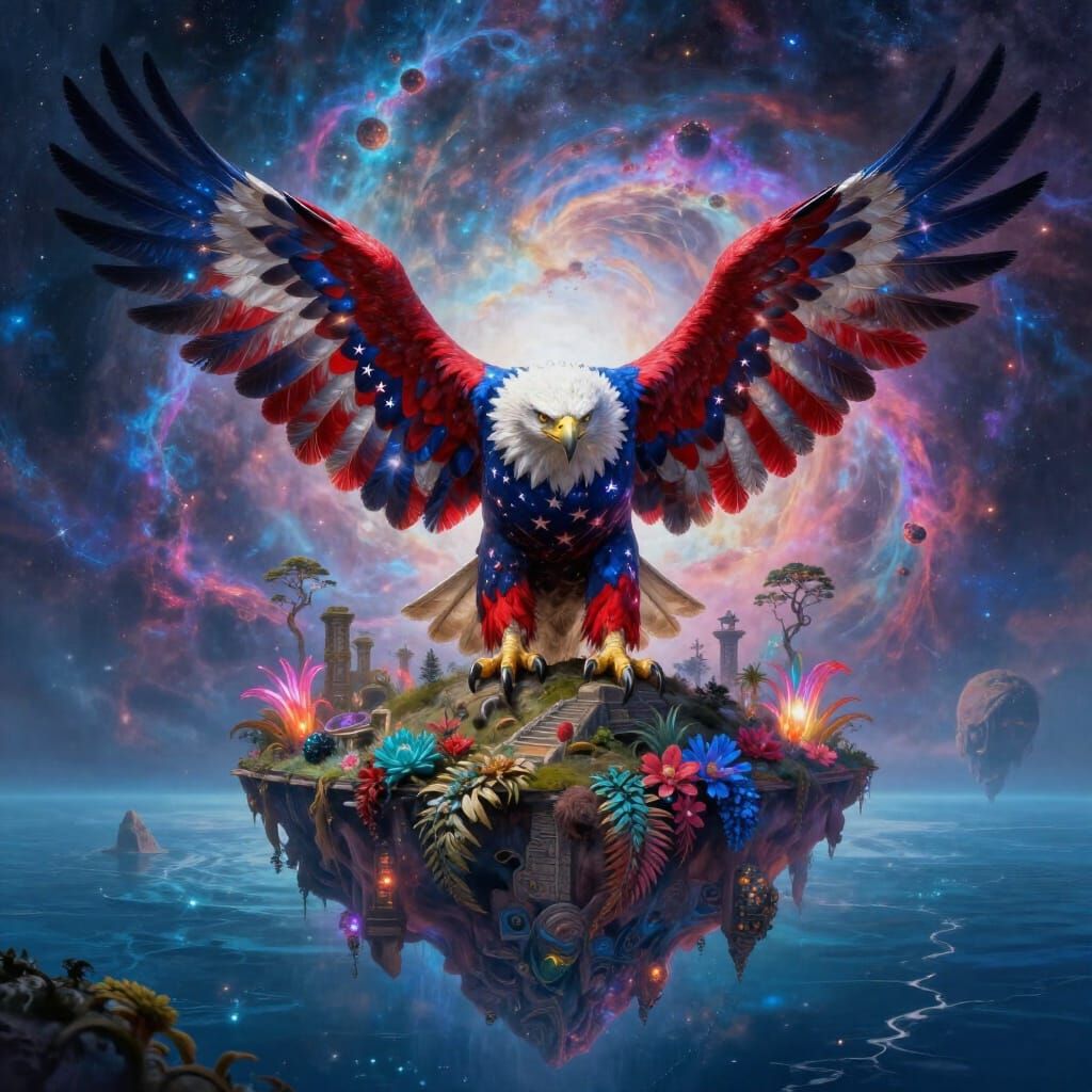 Colossal Eagle in Flag Colors on Floating Island Amidst Nebu...
