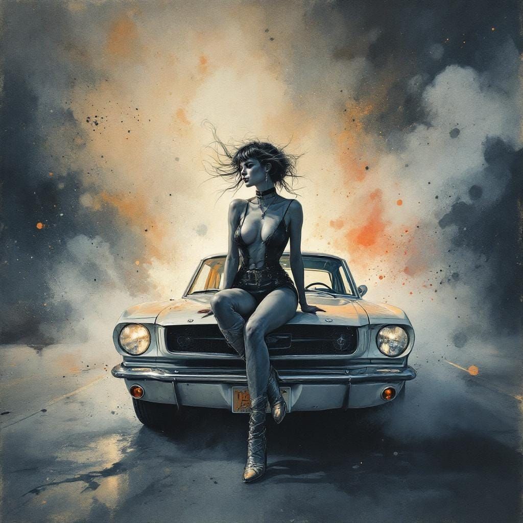 Pin-Up in Auto Garage: Whiskey Watercolor Surrealism