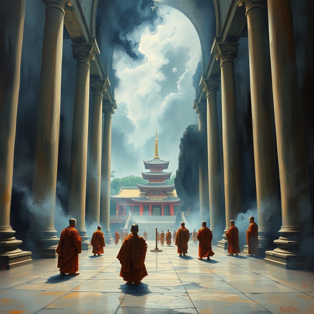 Mystical Temple Interior in Surreal Impasto Style