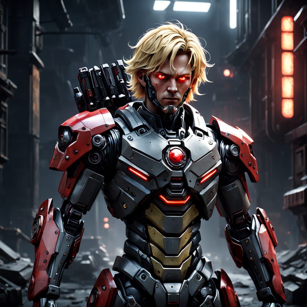 Hyper Realistic Man in Mech Suit with Red Iris