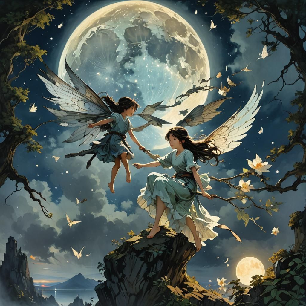 Fairy Flight Under Moon in Watercolor Style