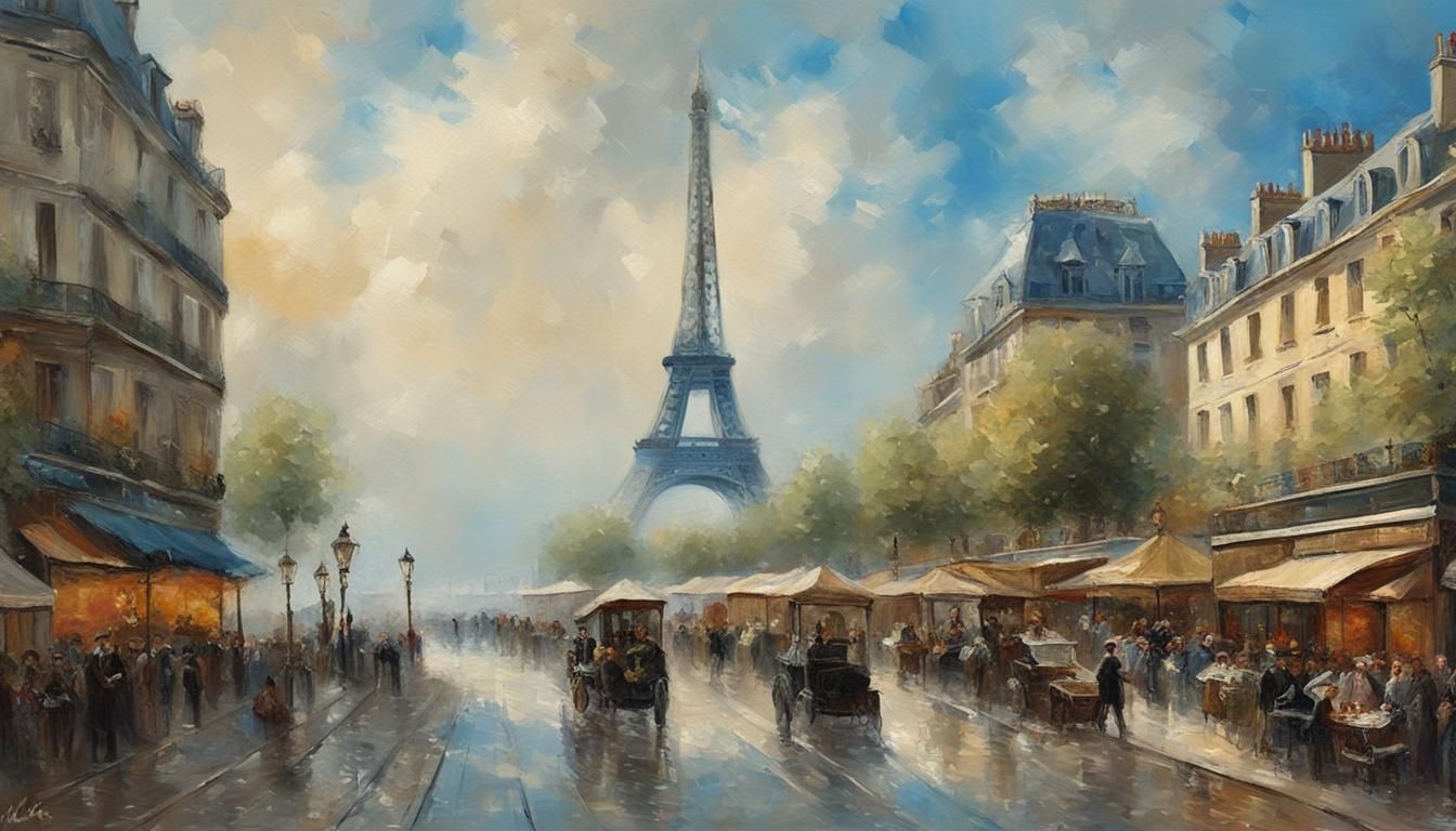 Bustling French street market in the shadow of the Eiffel To...