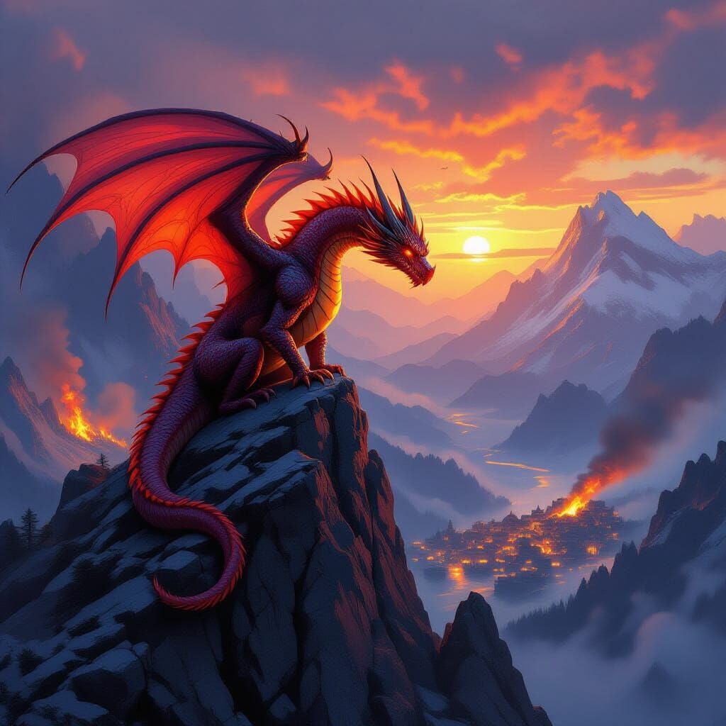 Fearsome Dragon Over Burning Village Digital Matte Painting
