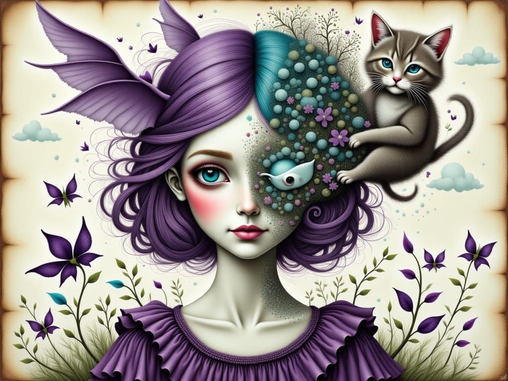 Surreal Whimsical Portrait of Girl and Flying Cat in Vibrant...