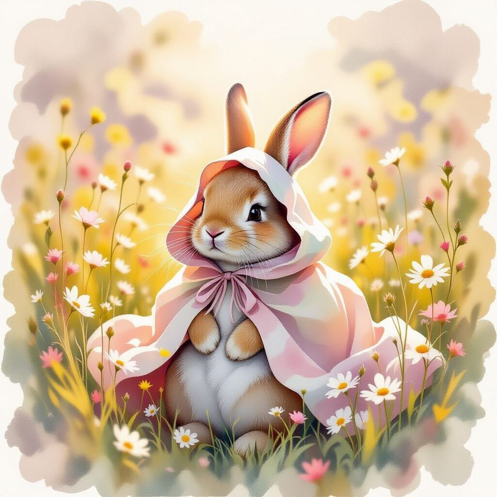 Bunny in Flowered Meadow with Watercolor Effects