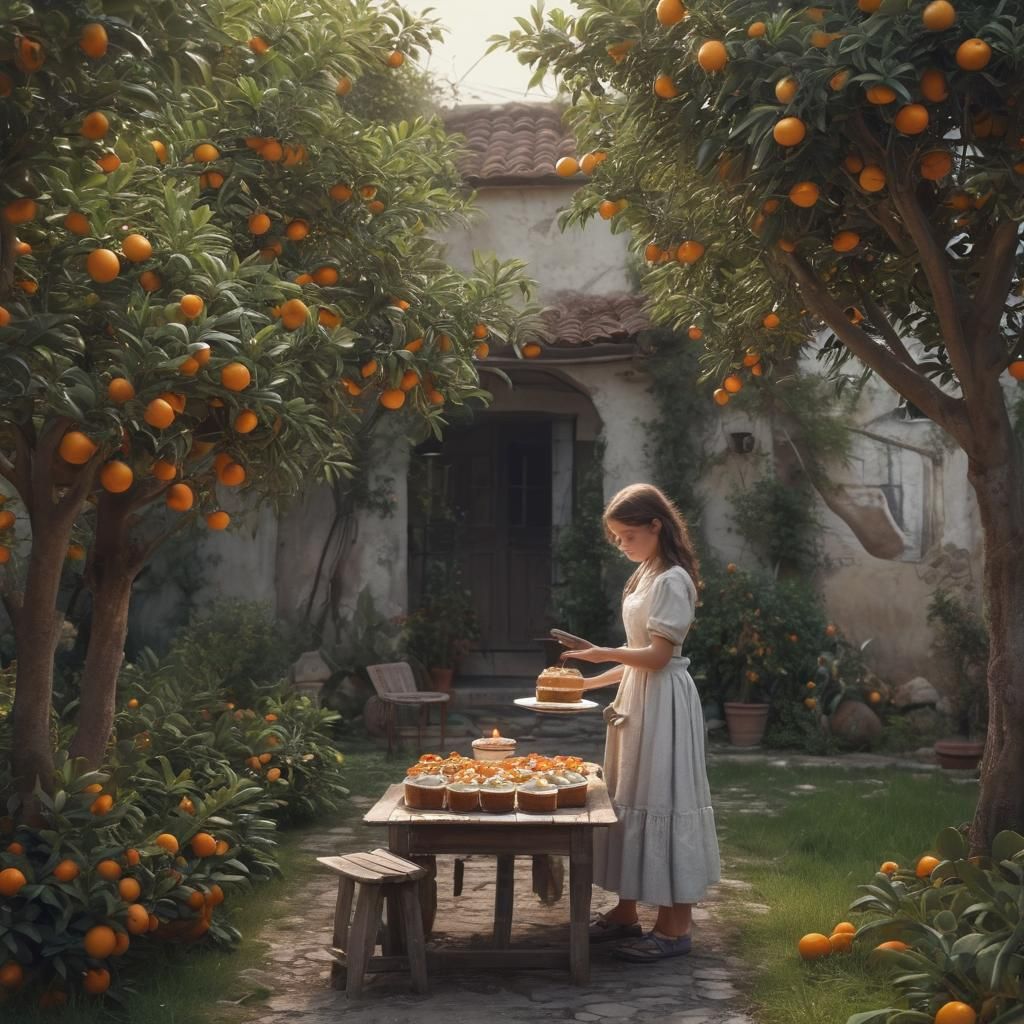 Surreal Orange Grove Scene with a Young Girl Baking a Cake