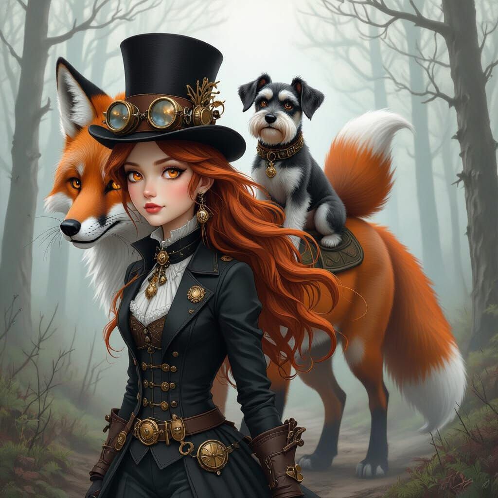 Steampunk Girl and Fox in Misty Woods, Detailed Art