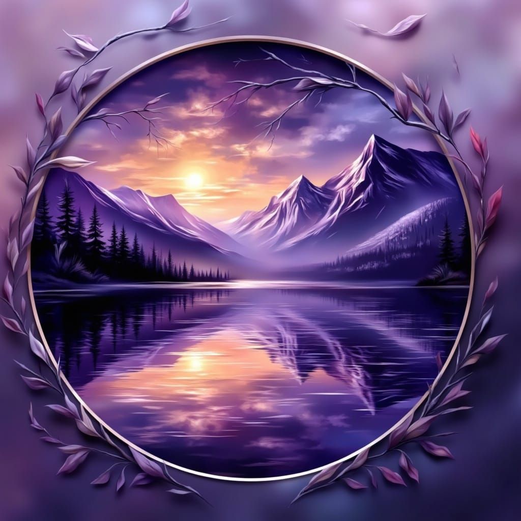 Vibrant Mountain Lake at Sunset in Abstract Expressionism