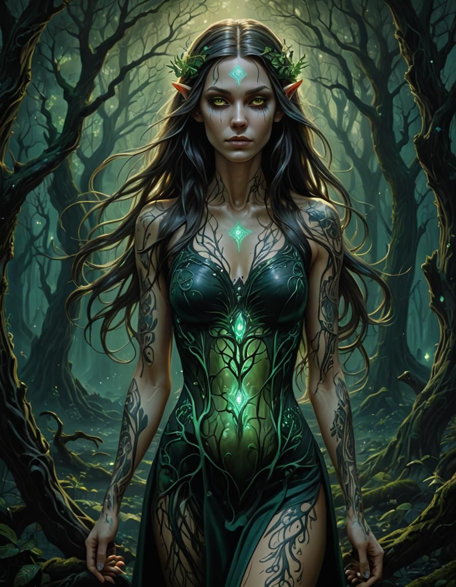 Elven Beauty in Dark Forest: Oil Painting