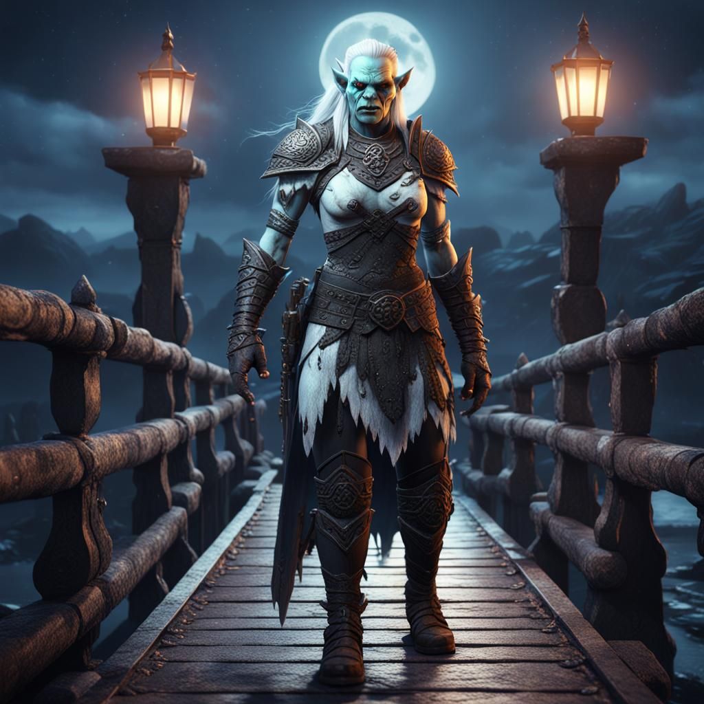 Vampire Orc Barbarian on Moonlit Bridge: Fantasy Art