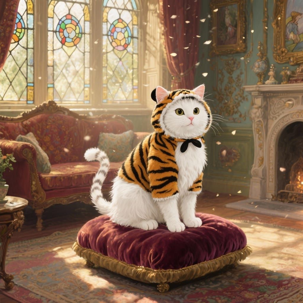 Fluffy Cat in Tiger Costume on Velvet Cushion