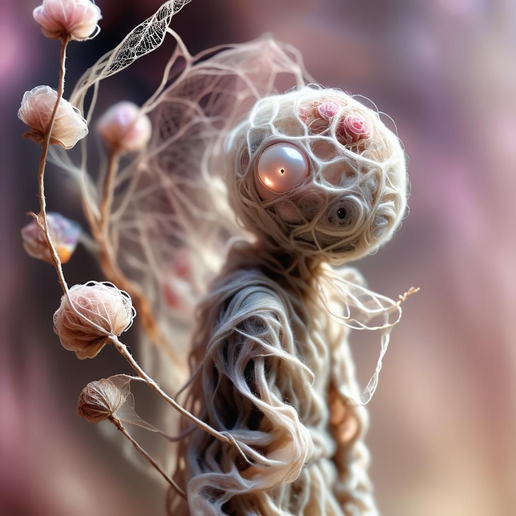 Wool Creature with Flower Pod, Surreal Digital Art