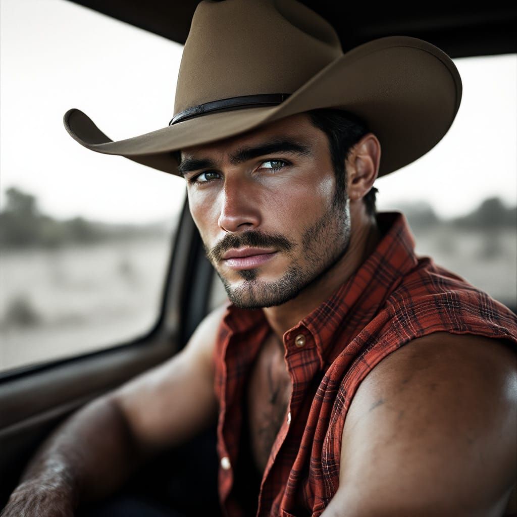 Handsome Cowboy Portrait in Dramatic Black and White