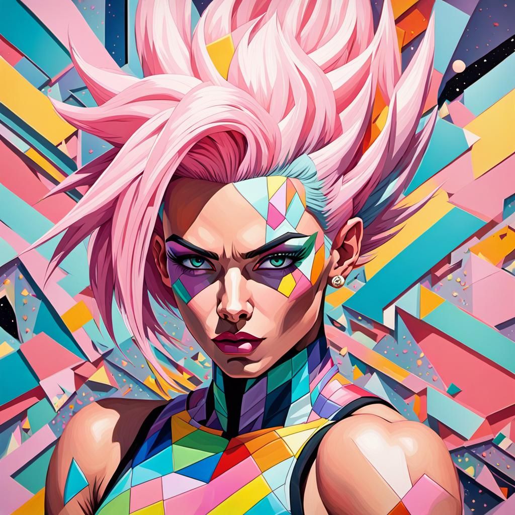 Glam Goth Super Saiyan Warrior in Cubist Style