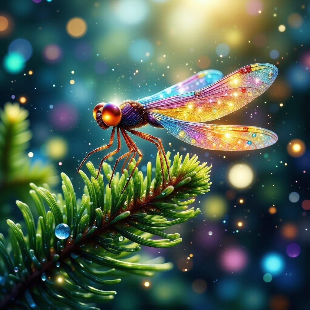 Dragonfly with Rainbow Sparkles on Pine Branch in Prismatic ...