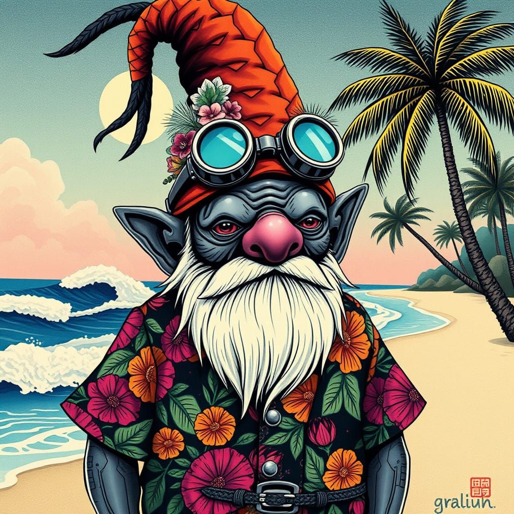 Gnomish Futurist Surfer in Vibrant Hawaiian Garb