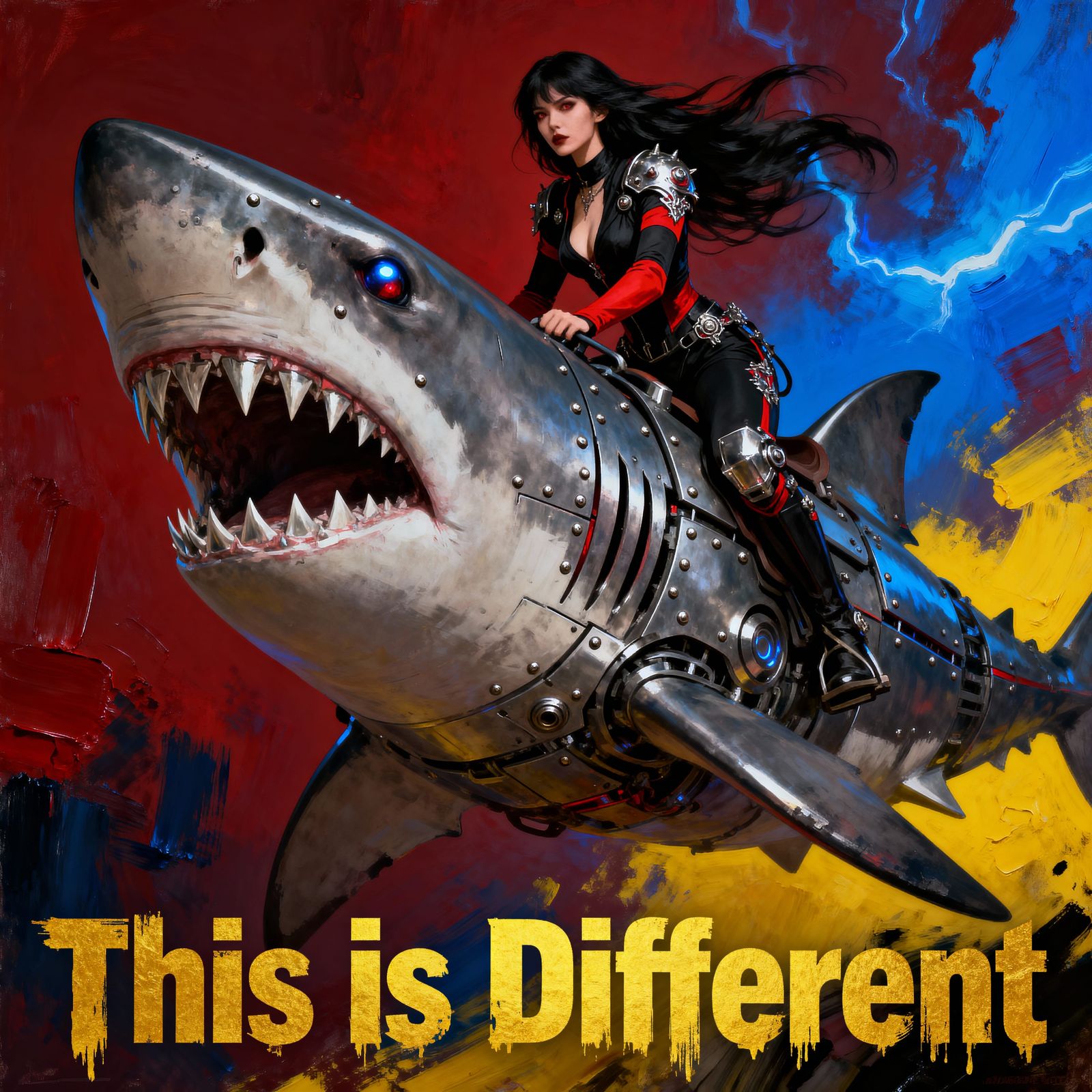 A woman with long, flowing black hair rides atop a massive m...