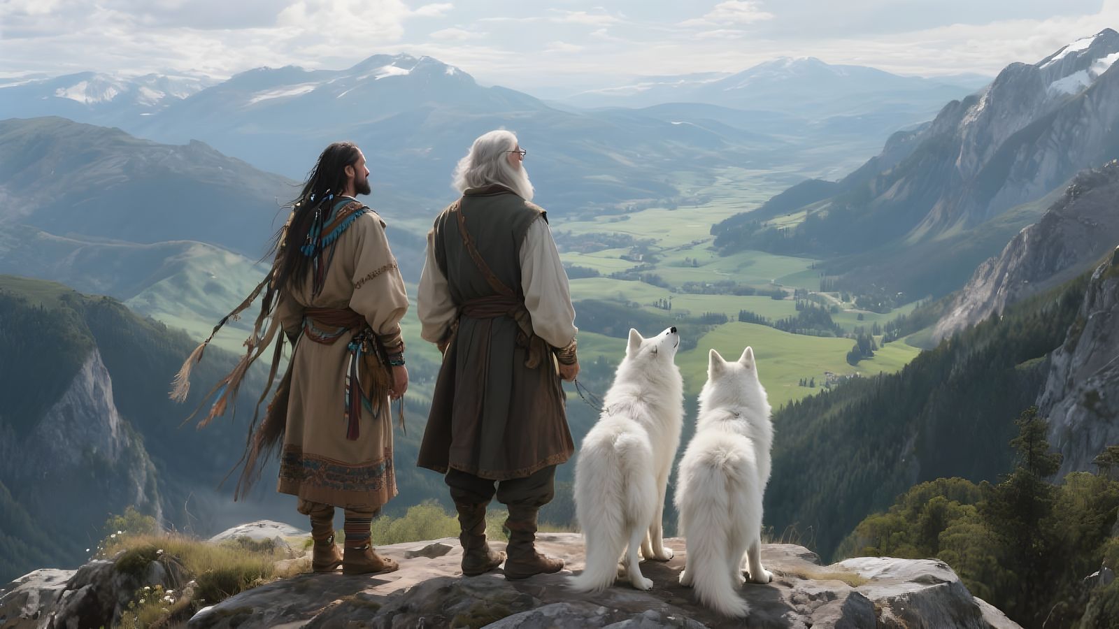 Shaman and Philosopher Admire Valley with Wolves