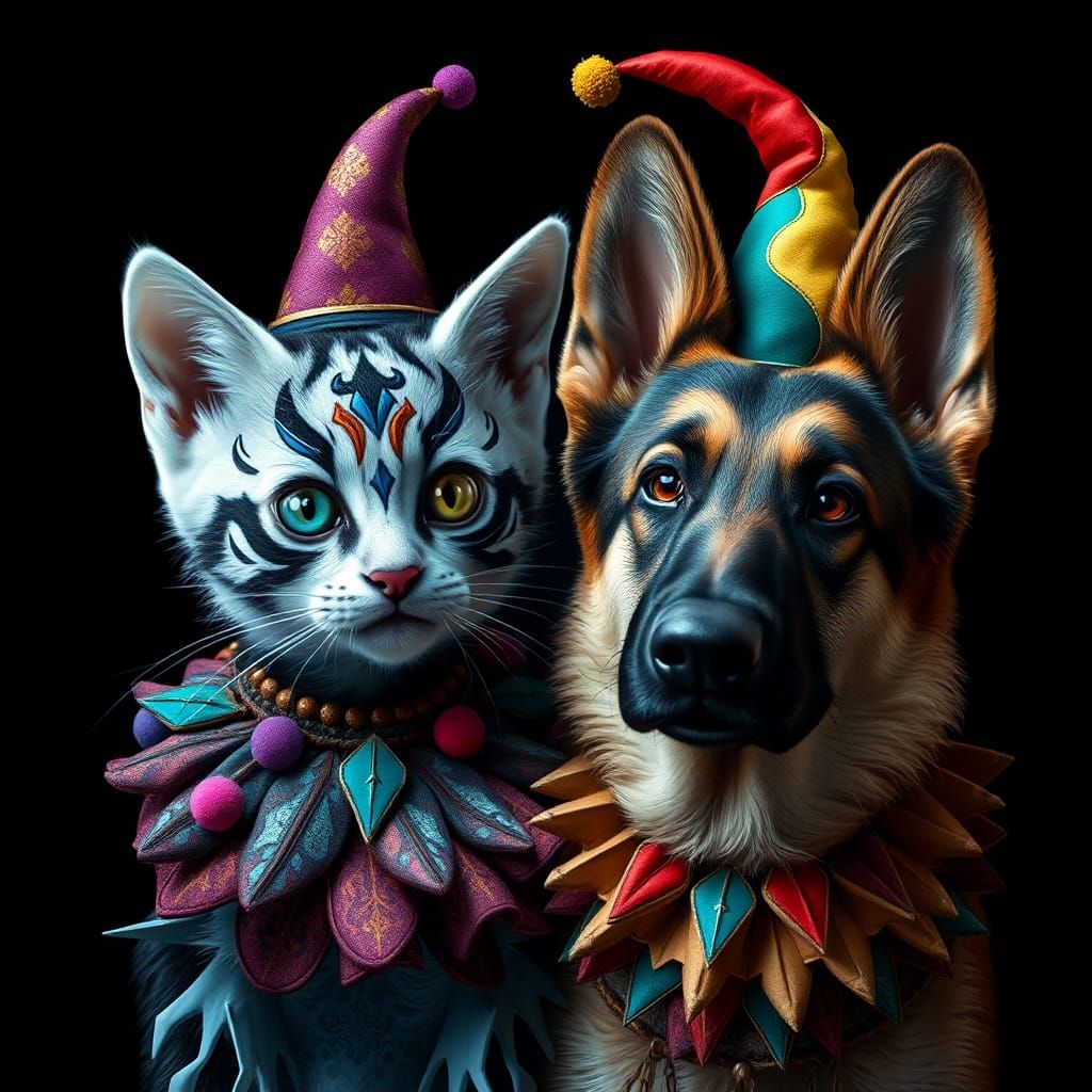 Whimsical Kitten and Shepherd Jester Portrait