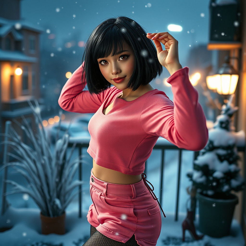 Whimsical Snowy Nighttime Scene with a Happy, Confident Woma...