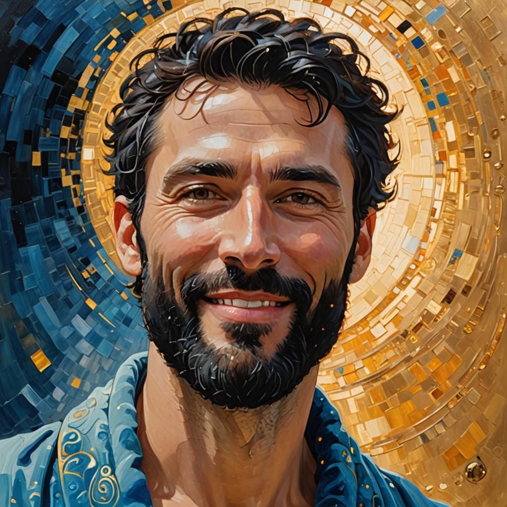 Smiling Man in Blue Robe, Neo-Impressionist Portrait
