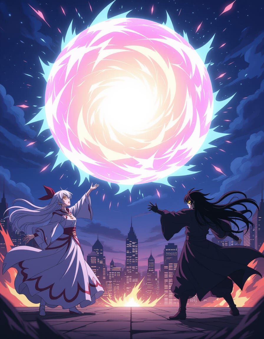 Anime Sorceress Summons Energy Sphere Over Metropolis