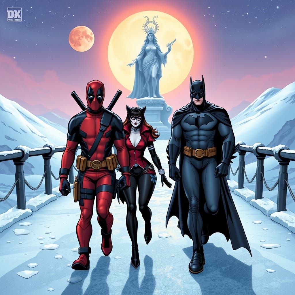 Comic Book Heroes Walk on Frozen Bridge in Cosmic Winter Sce...