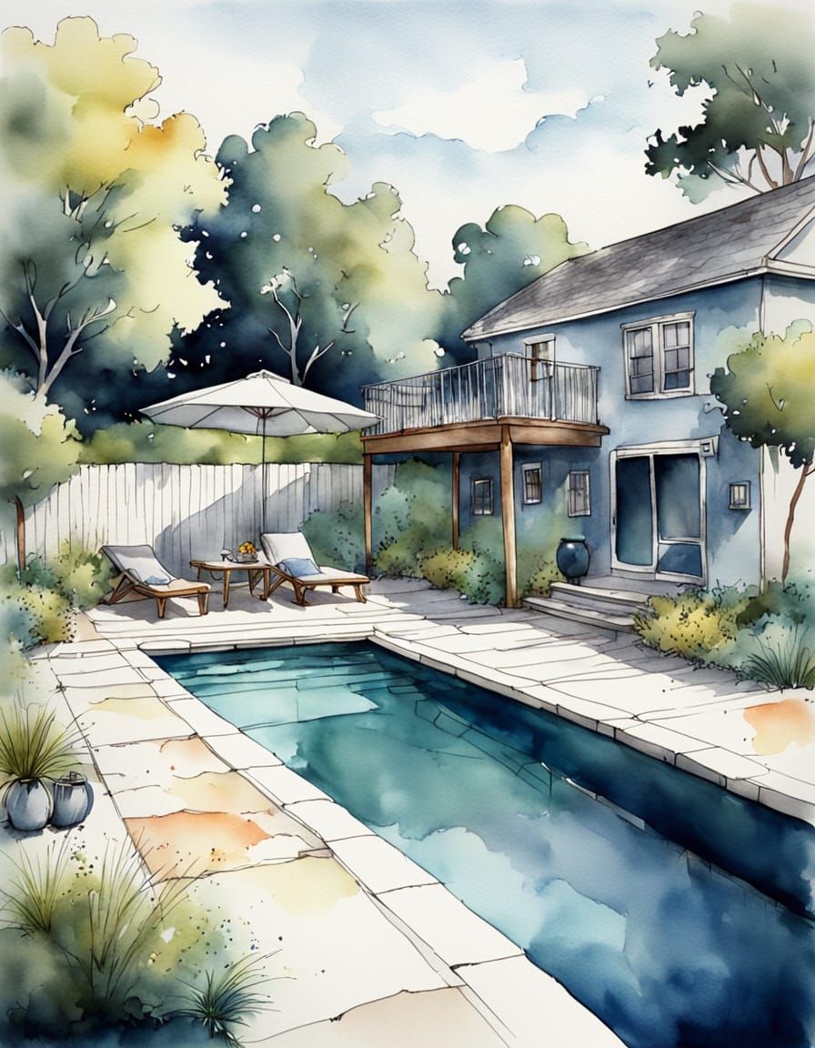 Soothing Watercolor Pool Scene in Ink