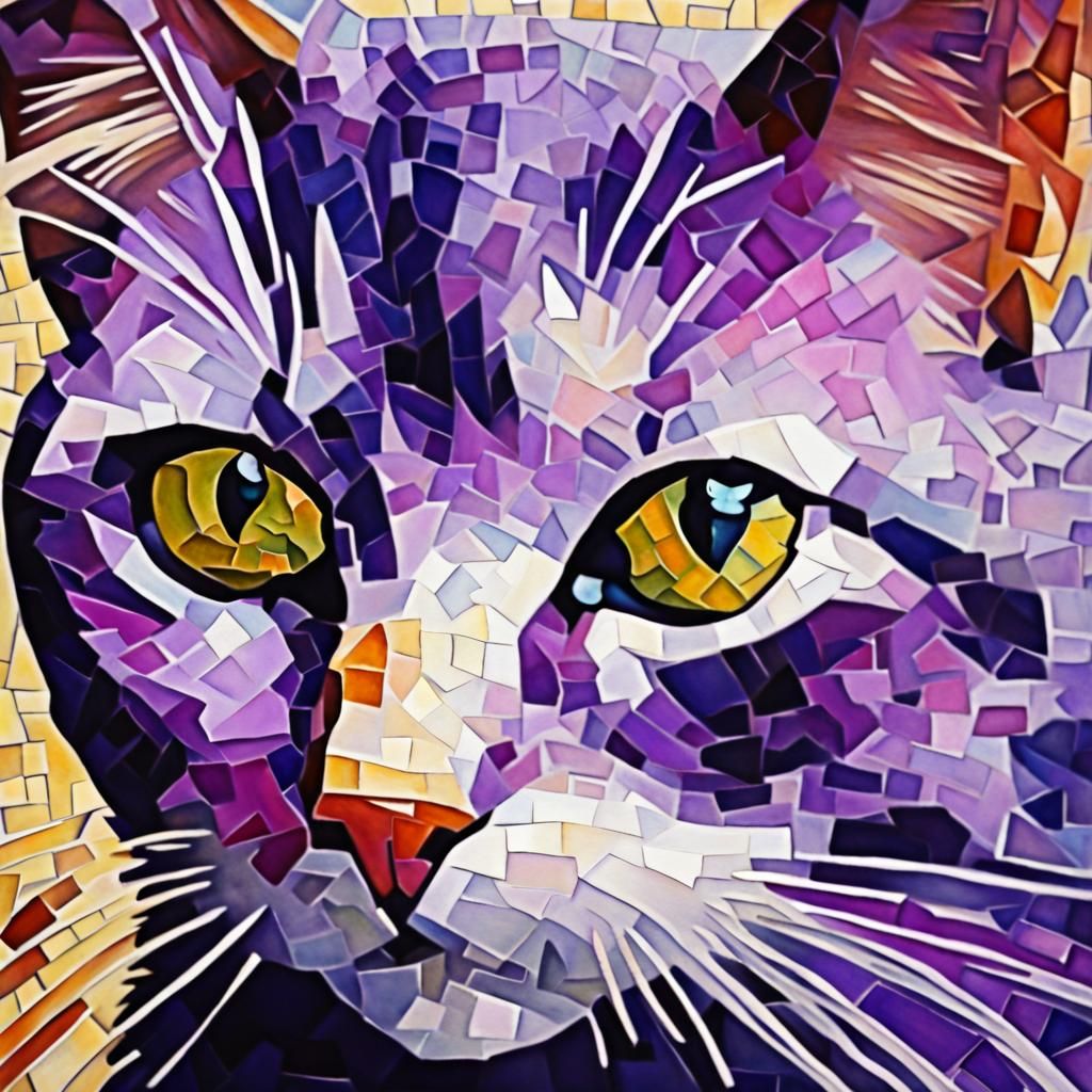 Purple Cat Mosaic in Gouache Watercolor Style