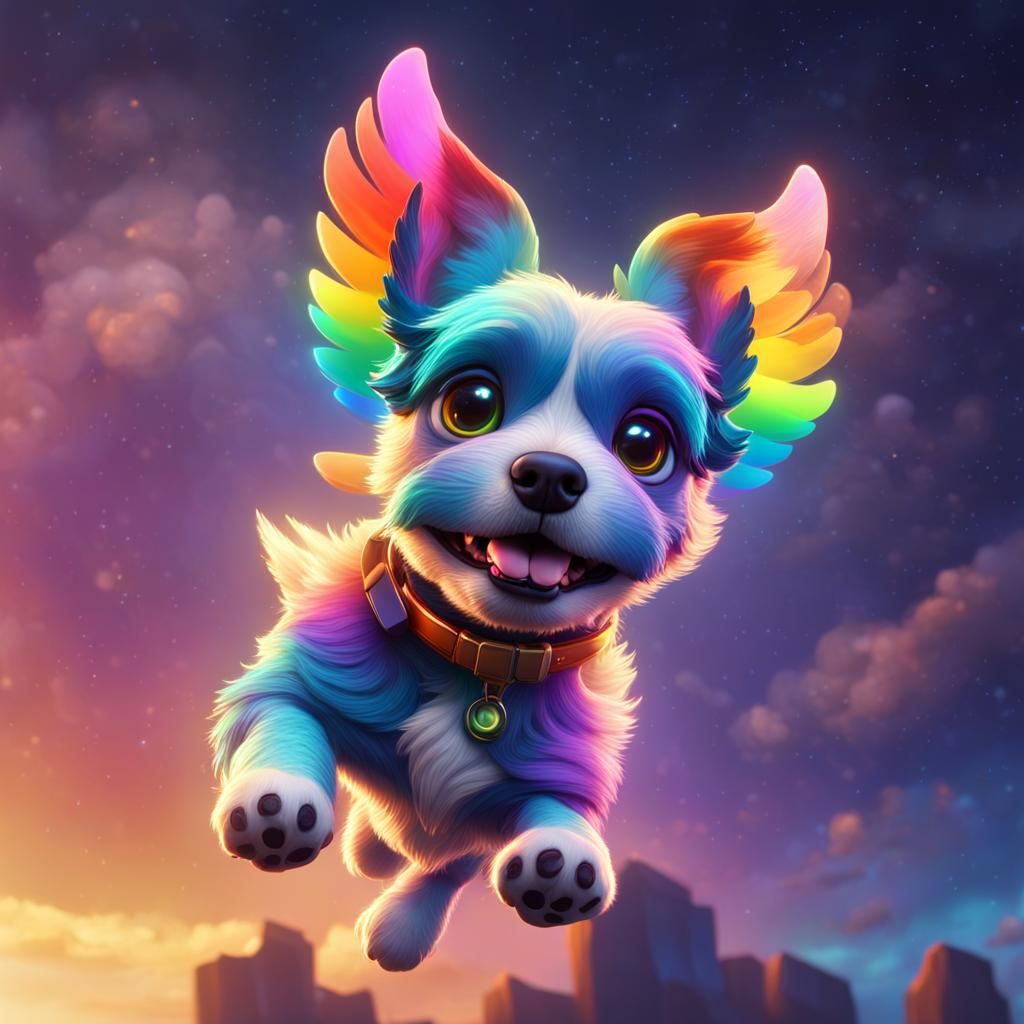 Dog with Rainbow Wings: 3D Digital Art