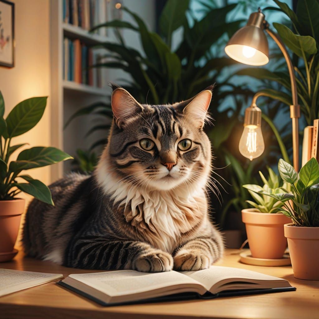 Cozy Cat Workspace in Vibrant Digital Art