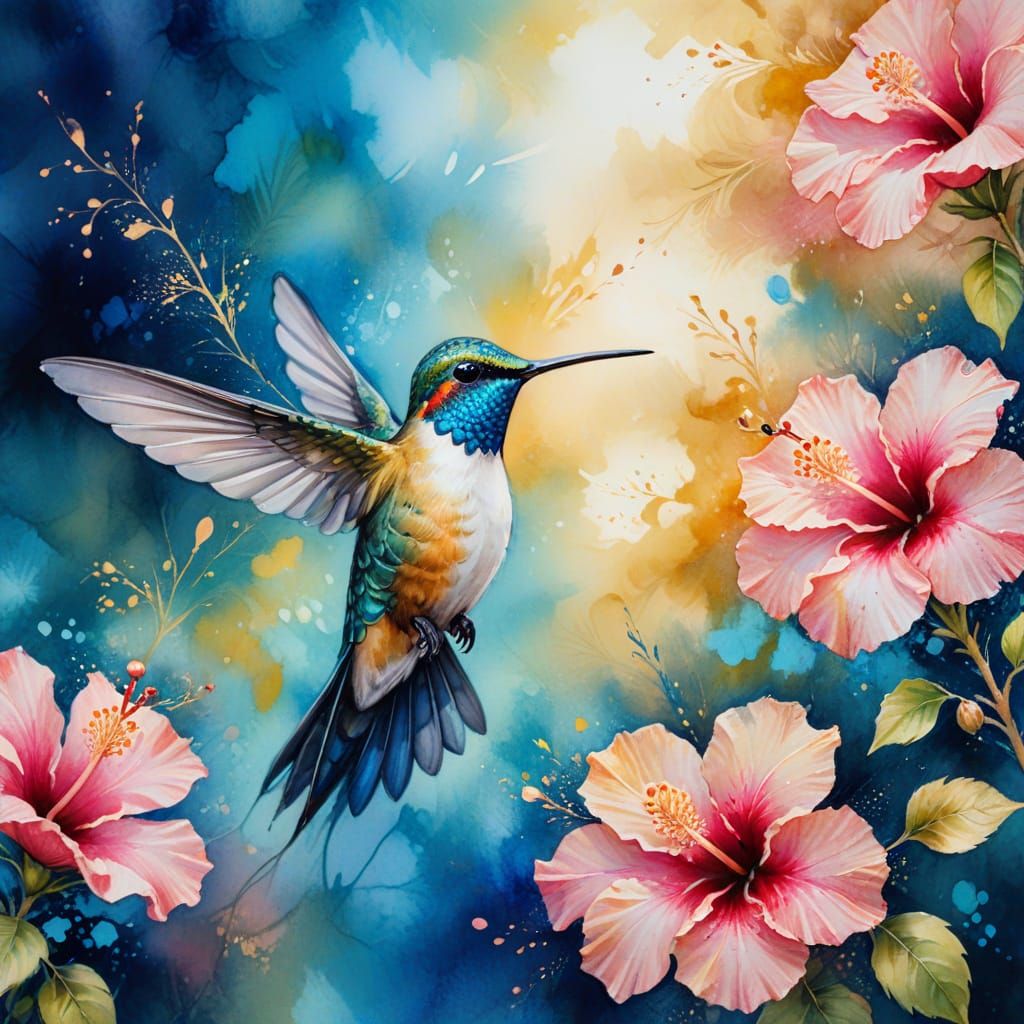 Hummingbird and Hibiscus Flowers in Watercolor Style