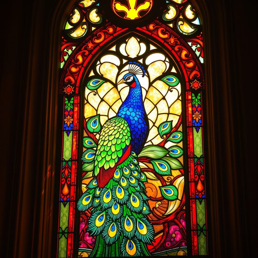 Peacock Stained Glass Window in Gothic Frame