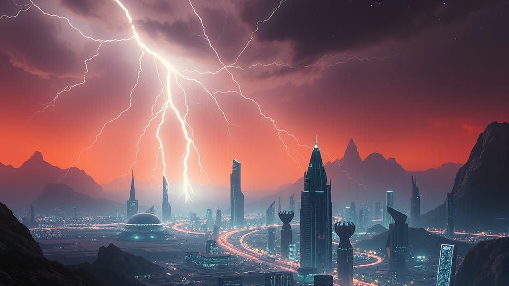 Futuristic Cityscape Under Celestial Lightning